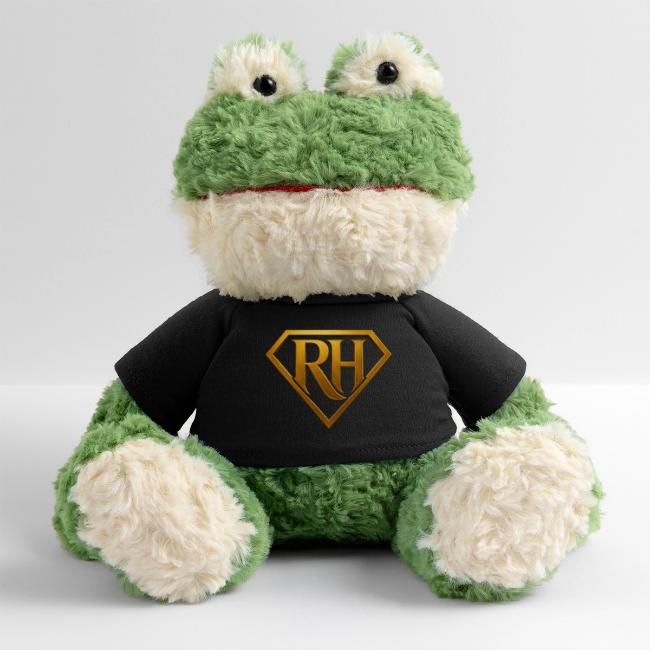 Grüner Plüschfrosch mit schwarzem Robin Henderson Logo-Shirt